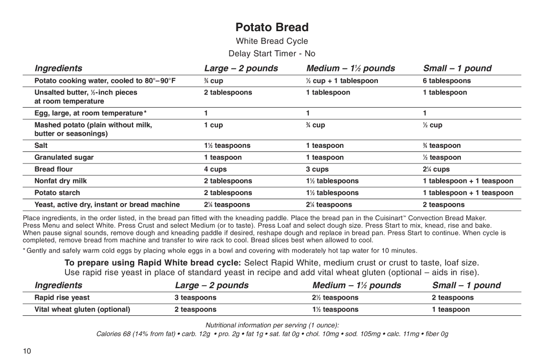 Cuisinart ELC0303IB-1/7A7, 05CU26258, IB-5859A manual Potato Bread 