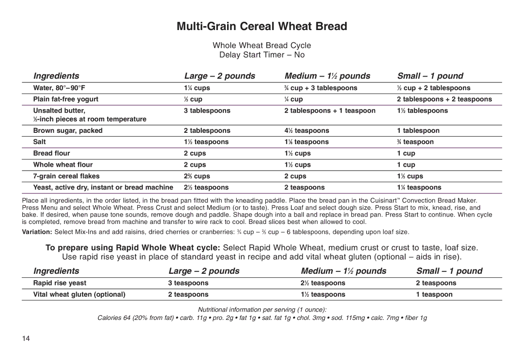 Cuisinart 05CU26258, IB-5859A, ELC0303IB-1/7A7 manual Multi-Grain Cereal Wheat Bread 