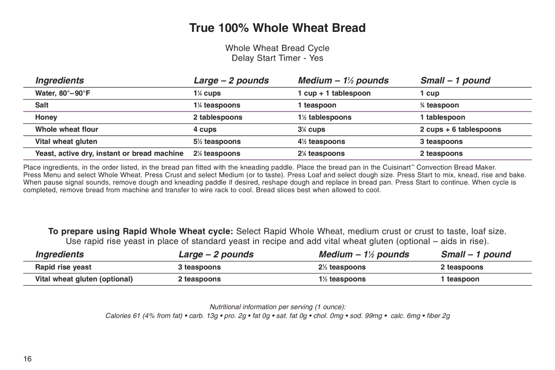 Cuisinart ELC0303IB-1/7A7, 05CU26258, IB-5859A manual True 100% Whole Wheat Bread 