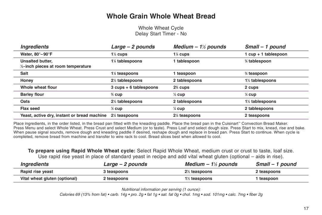 Cuisinart 05CU26258, IB-5859A, ELC0303IB-1/7A7 manual Whole Grain Whole Wheat Bread 