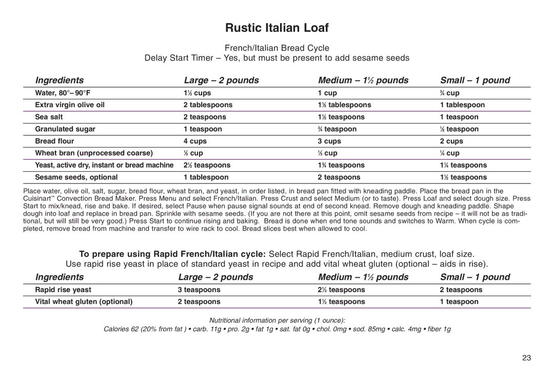 Cuisinart 05CU26258, IB-5859A, ELC0303IB-1/7A7 manual Rustic Italian Loaf 