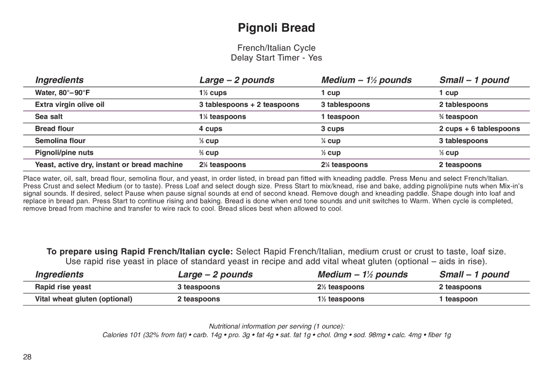 Cuisinart ELC0303IB-1/7A7, 05CU26258, IB-5859A manual Pignoli Bread 