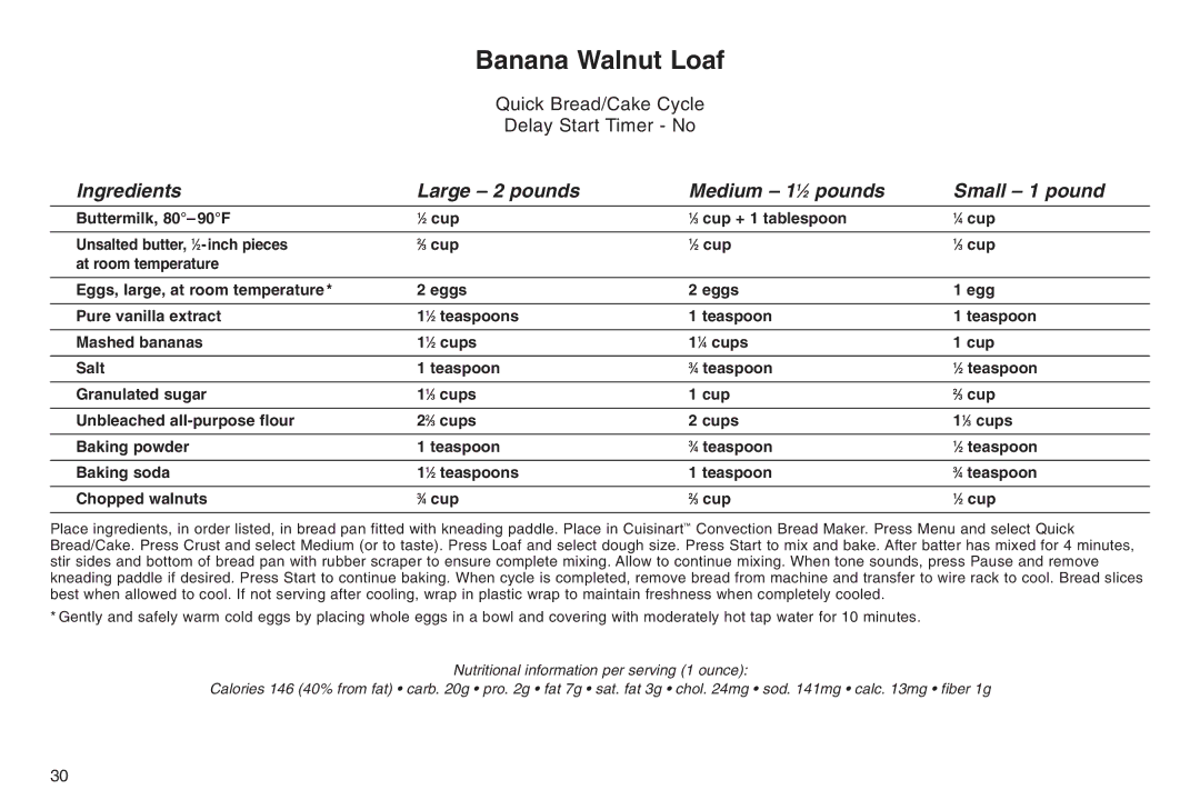 Cuisinart IB-5859A, 05CU26258, ELC0303IB-1/7A7 manual Banana Walnut Loaf 