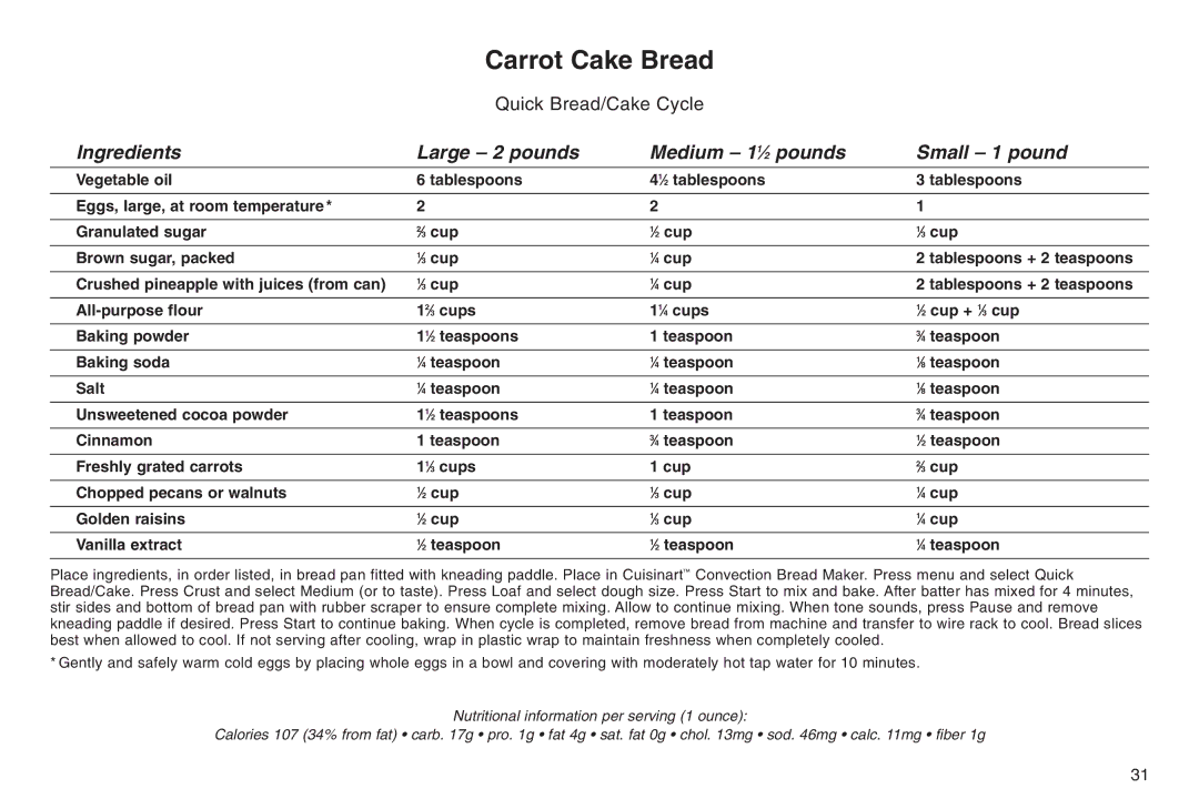 Cuisinart ELC0303IB-1/7A7, 05CU26258, IB-5859A manual Carrot Cake Bread 