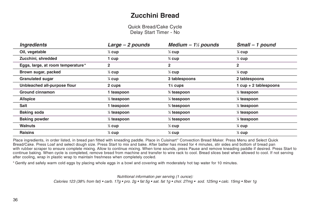 Cuisinart IB-5859A, 05CU26258, ELC0303IB-1/7A7 manual Zucchini Bread 