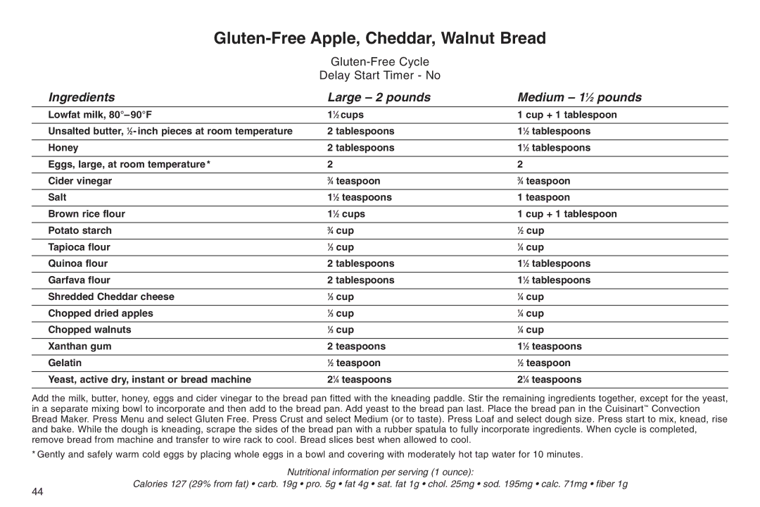 Cuisinart 05CU26258, IB-5859A, ELC0303IB-1/7A7 manual Gluten-Free Apple, Cheddar, Walnut Bread 