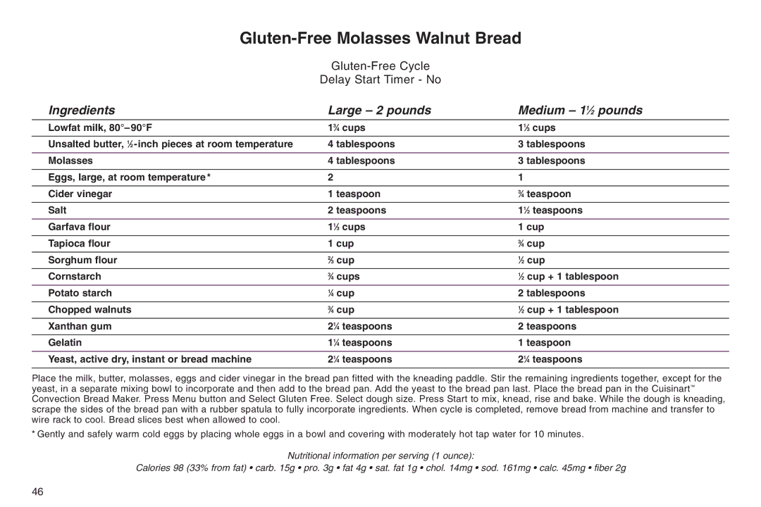 Cuisinart ELC0303IB-1/7A7, 05CU26258, IB-5859A manual Gluten-Free Molasses Walnut Bread 