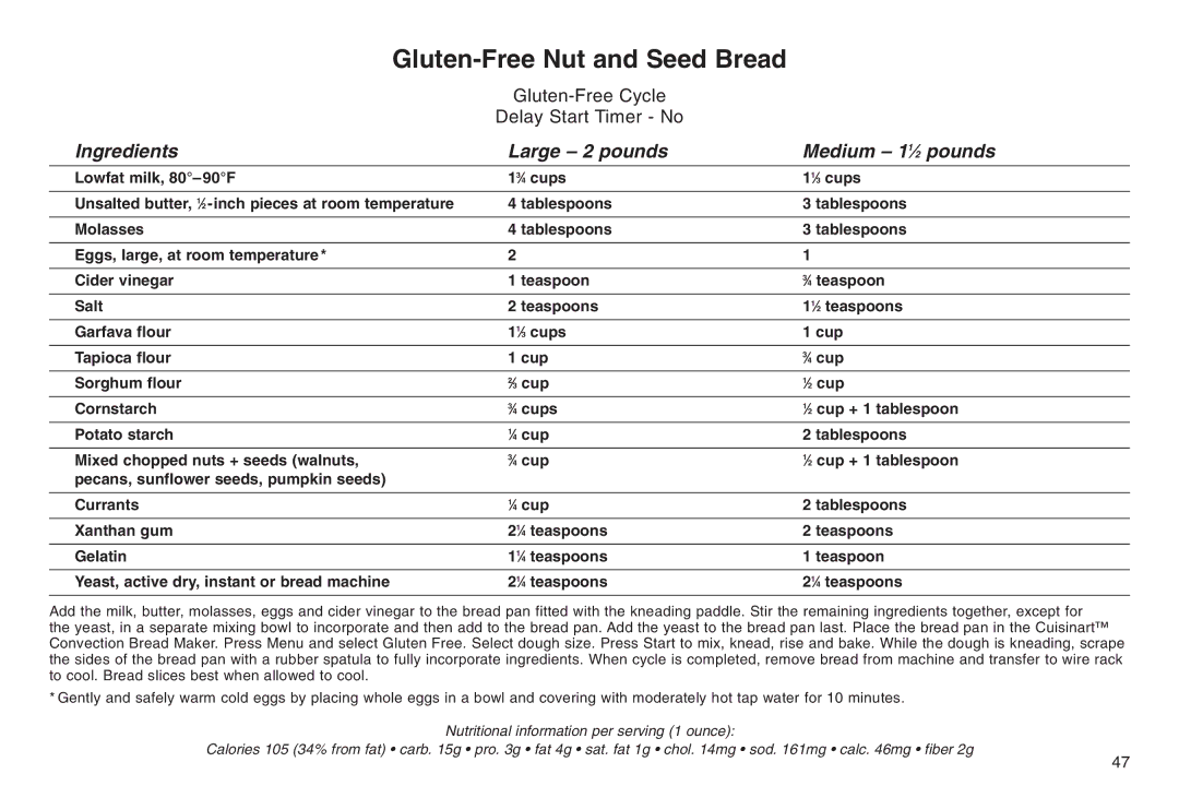 Cuisinart 05CU26258, IB-5859A, ELC0303IB-1/7A7 manual Gluten-Free Nut and Seed Bread 