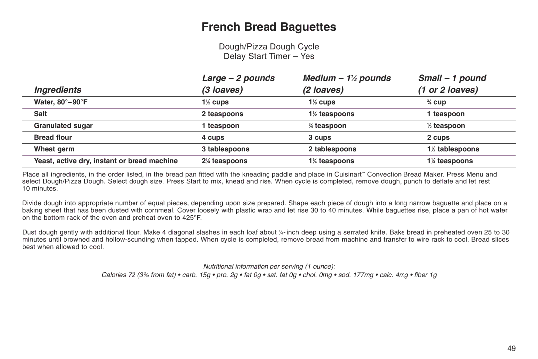 Cuisinart ELC0303IB-1/7A7, 05CU26258, IB-5859A manual French Bread Baguettes 