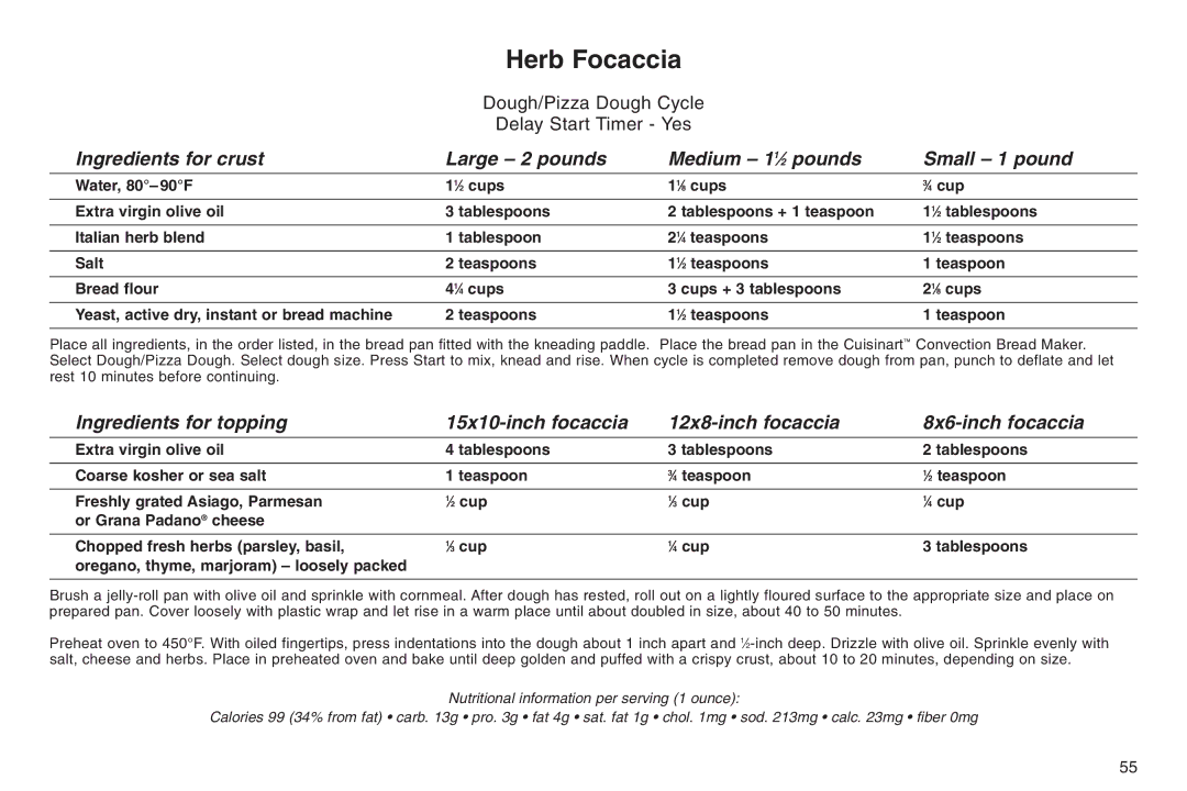 Cuisinart ELC0303IB-1/7A7, 05CU26258, IB-5859A manual Herb Focaccia 