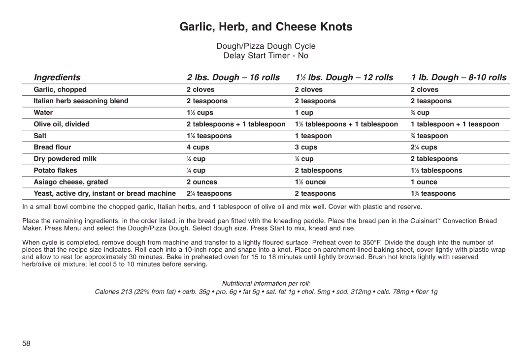 Cuisinart ELC0303IB-1/7A7, 05CU26258, IB-5859A manual Garlic, Herb, and Cheese Knots 