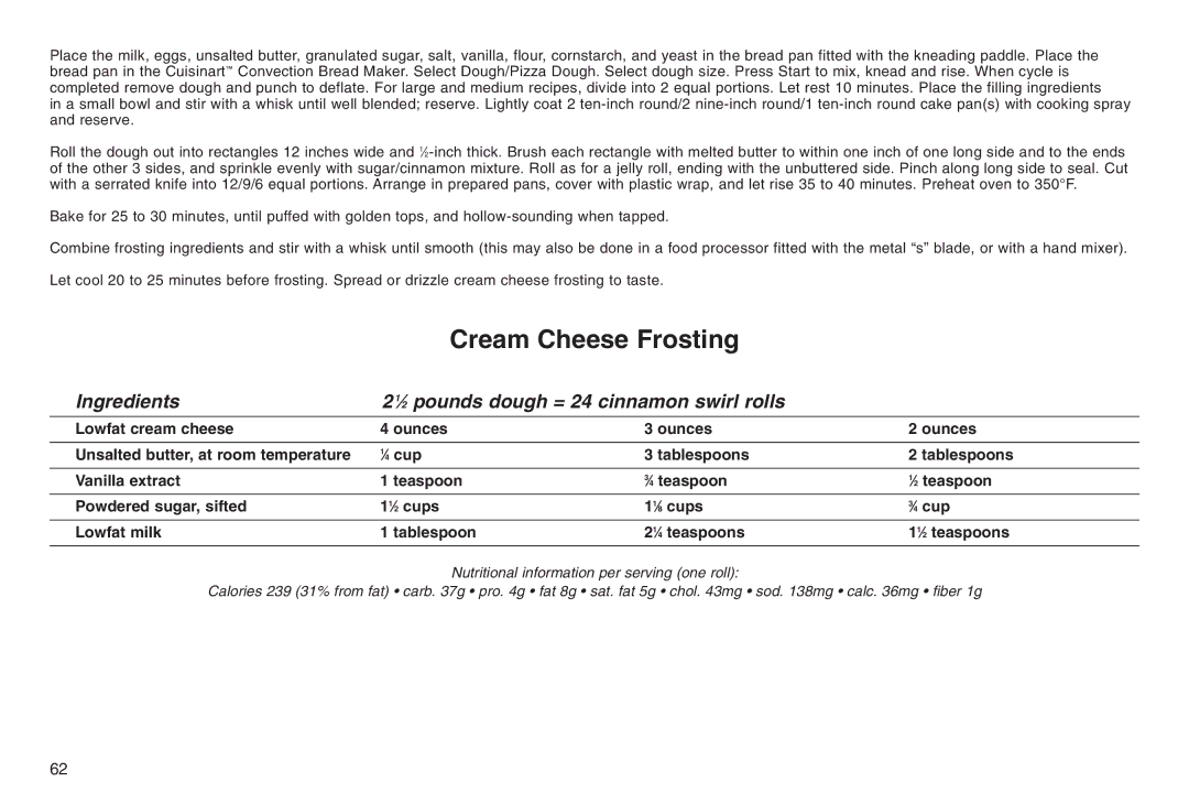 Cuisinart 05CU26258, IB-5859A, ELC0303IB-1/7A7 manual Cream Cheese Frosting 