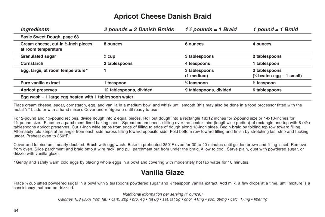 Cuisinart ELC0303IB-1/7A7, 05CU26258, IB-5859A manual Apricot Cheese Danish Braid, Vanilla Glaze 