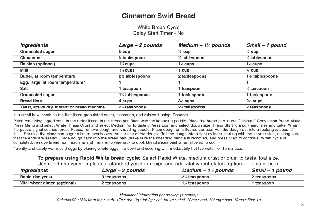 Cuisinart IB-5859A, 05CU26258, ELC0303IB-1/7A7 manual Cinnamon Swirl Bread 