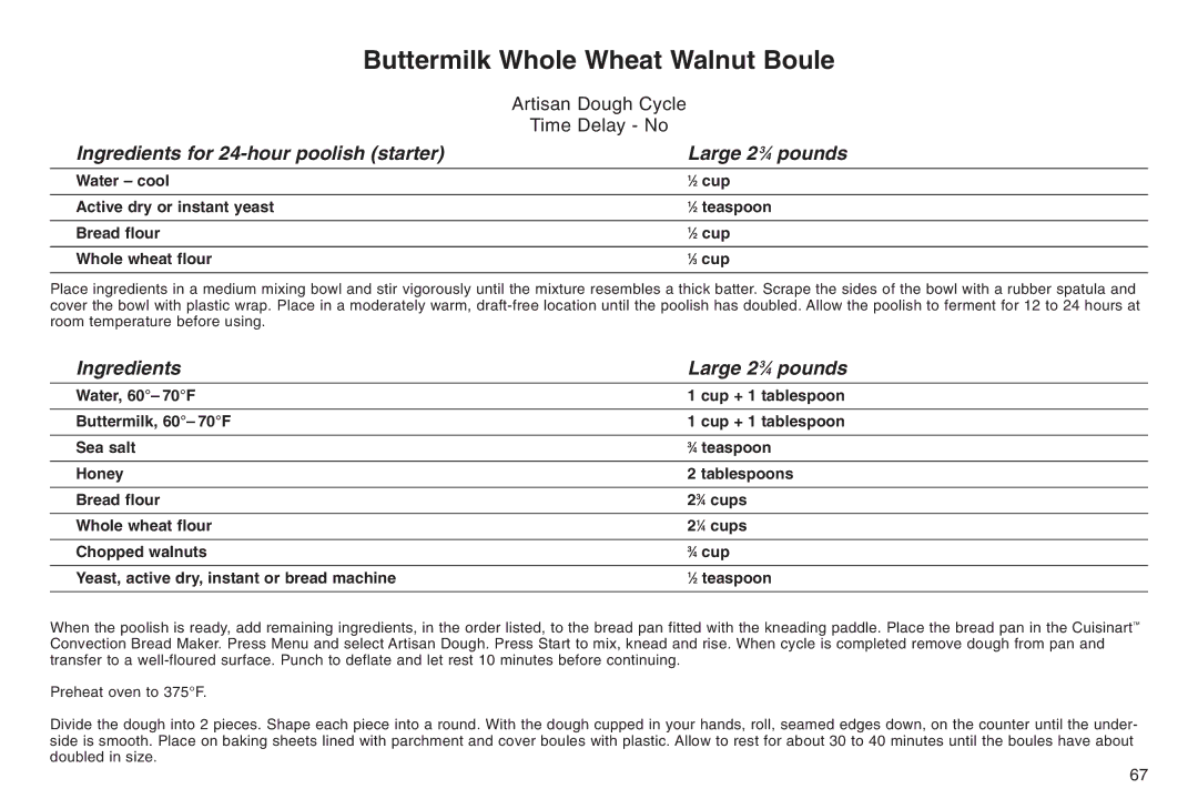 Cuisinart ELC0303IB-1/7A7 manual Ingredients for 24-hour poolish starter Large 2 3⁄4 pounds, Ingredients Large 2 3⁄4 pounds 