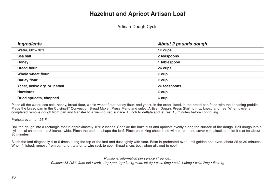 Cuisinart ELC0303IB-1/7A7, 05CU26258, IB-5859A manual Hazelnut and Apricot Artisan Loaf, Ingredients About 2 pounds dough 