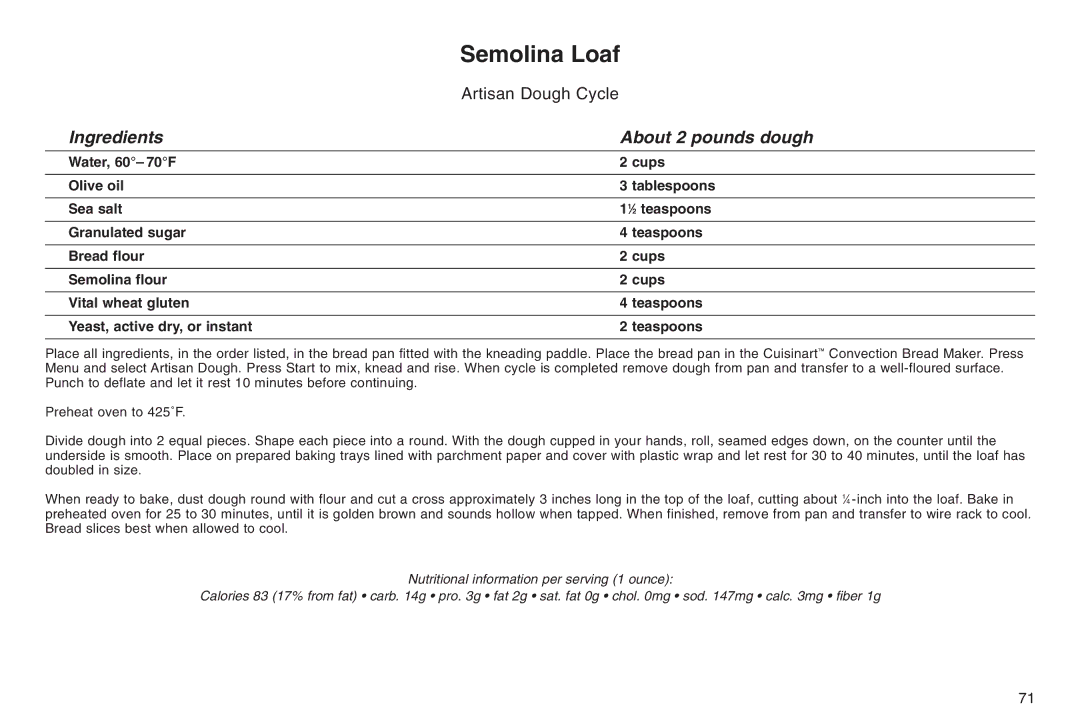 Cuisinart 05CU26258, IB-5859A, ELC0303IB-1/7A7 manual Semolina Loaf 