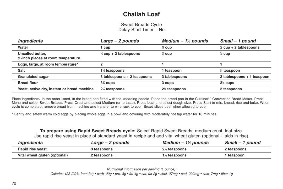 Cuisinart IB-5859A, 05CU26258, ELC0303IB-1/7A7 Challah Loaf, Ingredients Large 2 pounds Medium 11⁄2 pounds Small 1 pound 