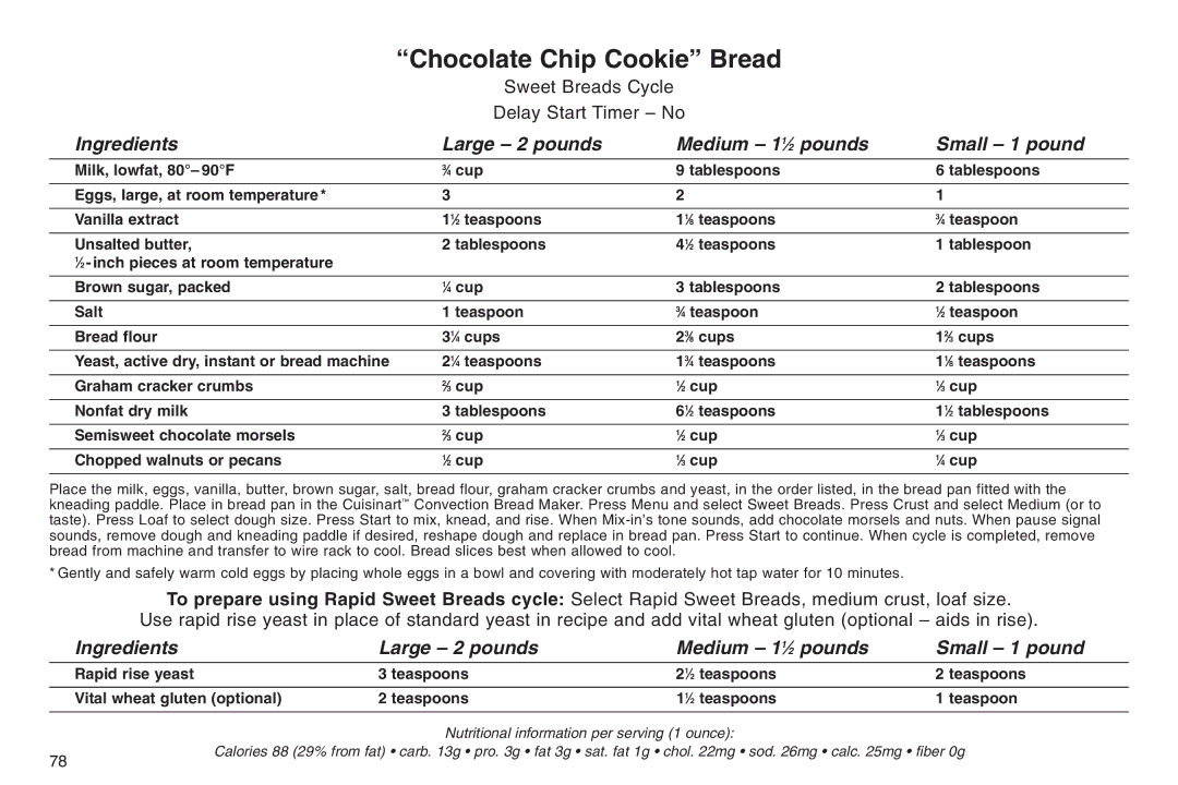 Cuisinart IB-5859A, 05CU26258, ELC0303IB-1/7A7 manual Chocolate Chip Cookie Bread 