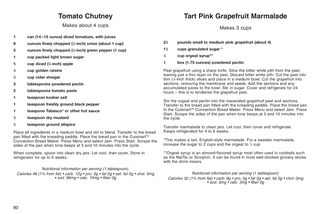 Cuisinart 05CU26258, IB-5859A, ELC0303IB-1/7A7 manual Tomato Chutney, Tart Pink Grapefruit Marmalade 