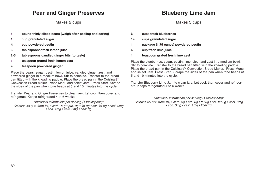 Cuisinart ELC0303IB-1/7A7, 05CU26258, IB-5859A manual Pear and Ginger Preserves, Blueberry Lime Jam 