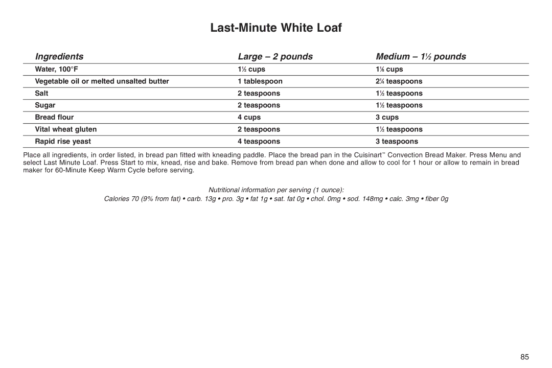 Cuisinart ELC0303IB-1/7A7, 05CU26258, IB-5859A manual Last-Minute White Loaf, Ingredients Large 2 pounds Medium 11⁄2 pounds 