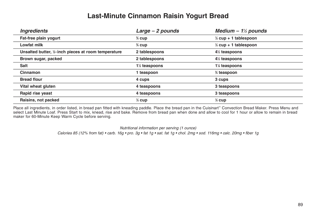 Cuisinart 05CU26258, IB-5859A, ELC0303IB-1/7A7 manual Last-Minute Cinnamon Raisin Yogurt Bread 