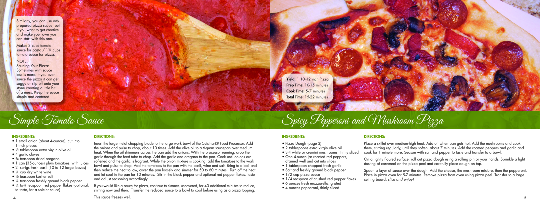 Cuisinart (105 - 115F manual Simple Tomato Sauce, Spicy Pepperoni and Mushroom Pizza, Ingredients, Directions 
