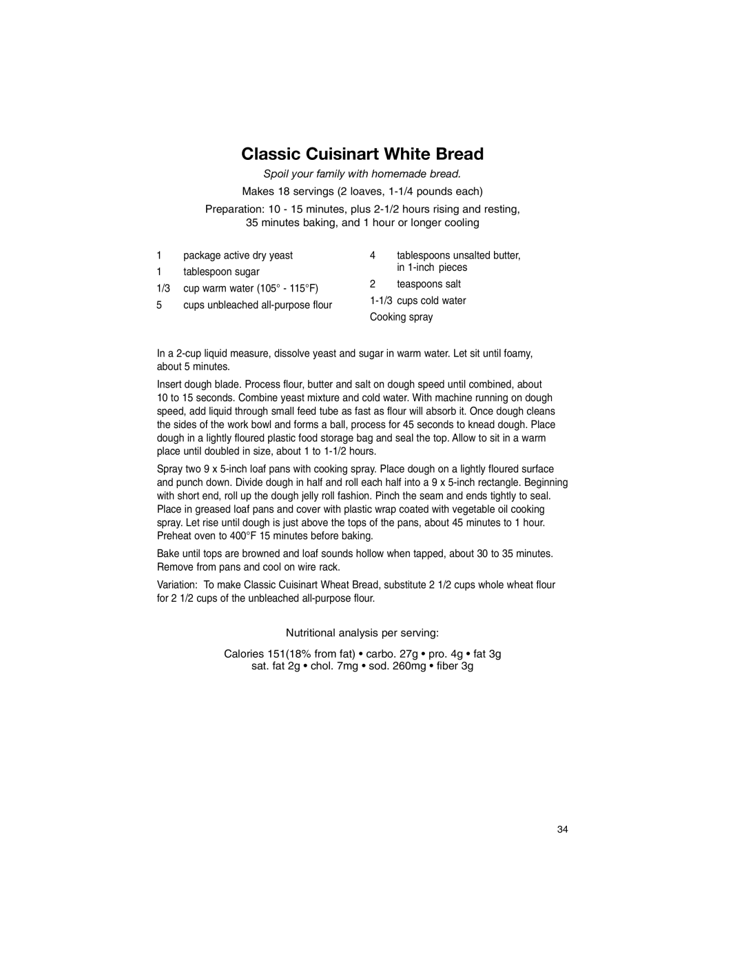 Cuisinart 11-Cup Series manual Classic Cuisinart White Bread, Spoil your family with homemade bread 