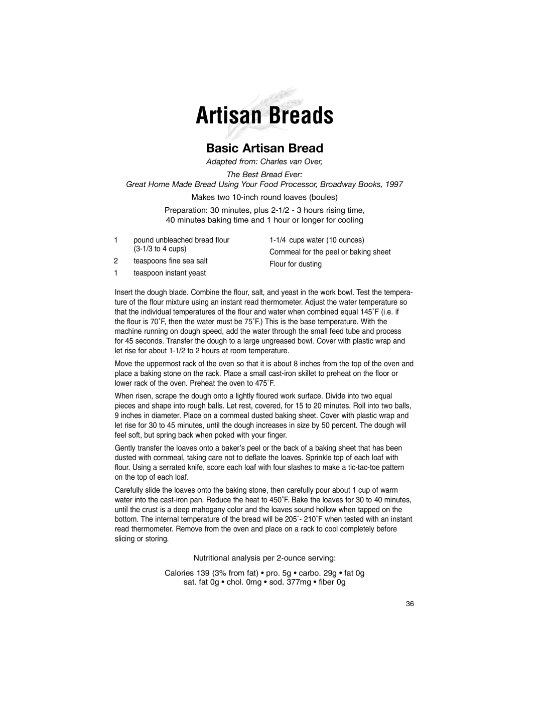 Cuisinart 11-Cup Series manual Artisan Breads, Basic Artisan Bread 