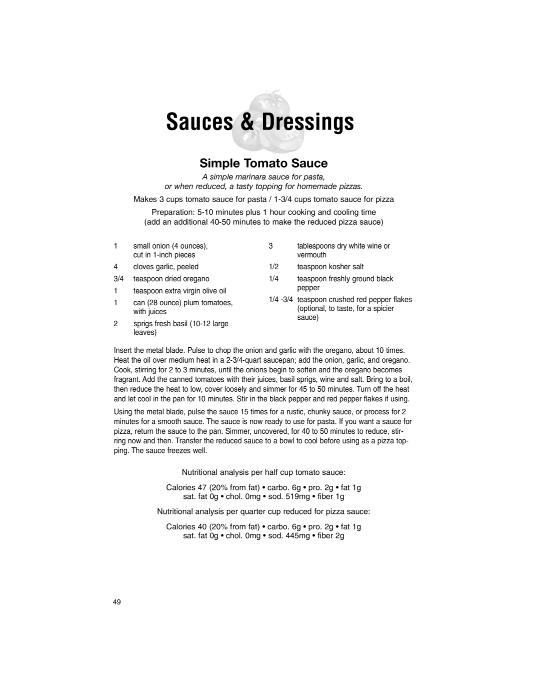 Cuisinart 11-Cup Series manual Sauces & Dressings, Simple Tomato Sauce 