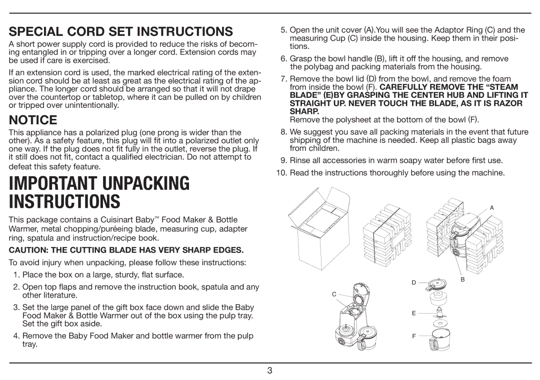 Cuisinart BFM-1000 Series manual Important Unpacking Instructions, Special Cord SET Instructions 