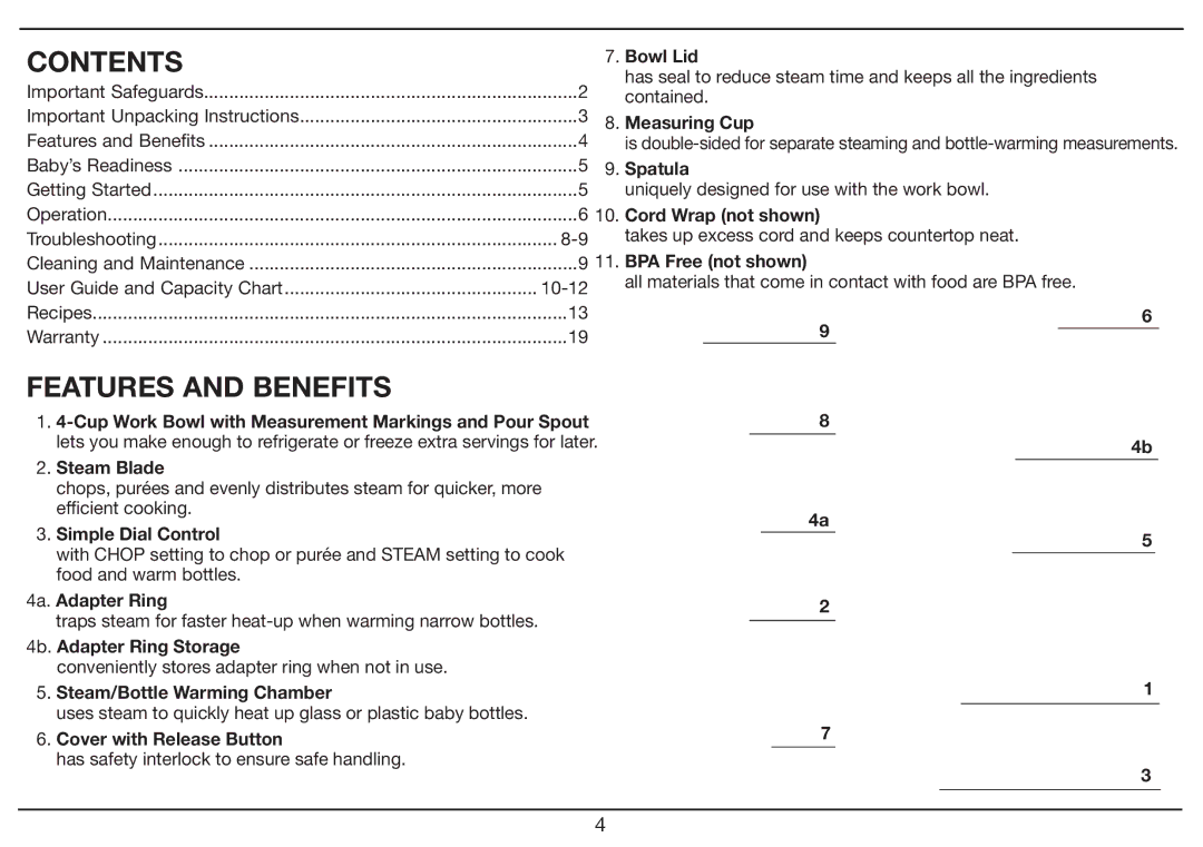 Cuisinart BFM-1000 Series manual Contents, Features and Benefits 