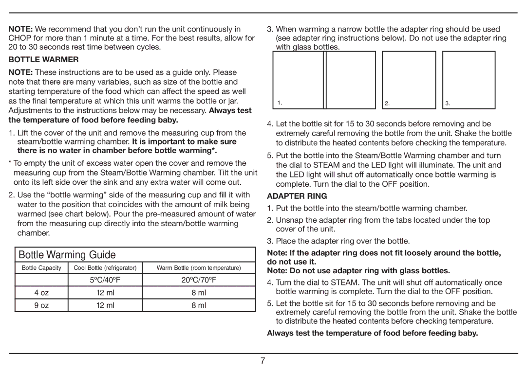 Cuisinart BFM-1000 Series manual Bottle Warmer, Temperature of food before feeding baby, Adapter Ring 