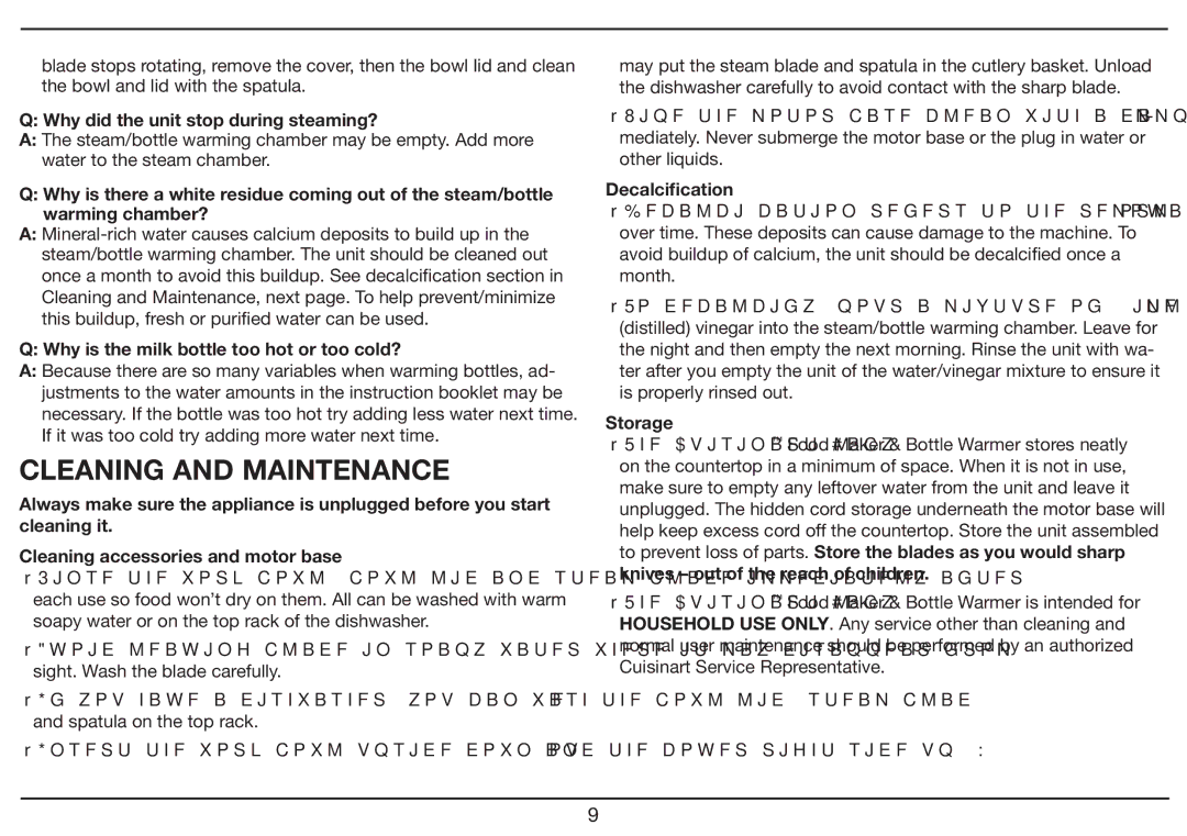 Cuisinart BFM-1000 Series manual Cleaning and Maintenance, Why did the unit stop during steaming?, Decalciﬁcation, Storage 