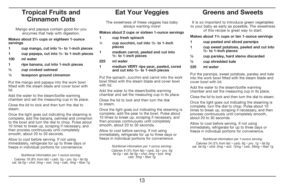 Cuisinart BFM-1000 manual Tropical Fruits Cinnamon Oats, Eat Your Veggies, Greens and Sweets 