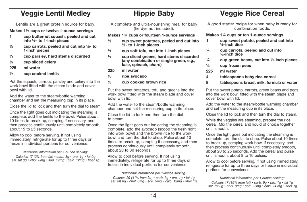 Cuisinart BFM-1000 manual Veggie Lentil Medley, Hippie Baby, Veggie Rice Cereal 