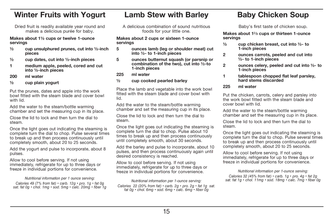 Cuisinart BFM-1000 manual Winter Fruits with Yogurt, Lamb Stew with Barley, Baby Chicken Soup 