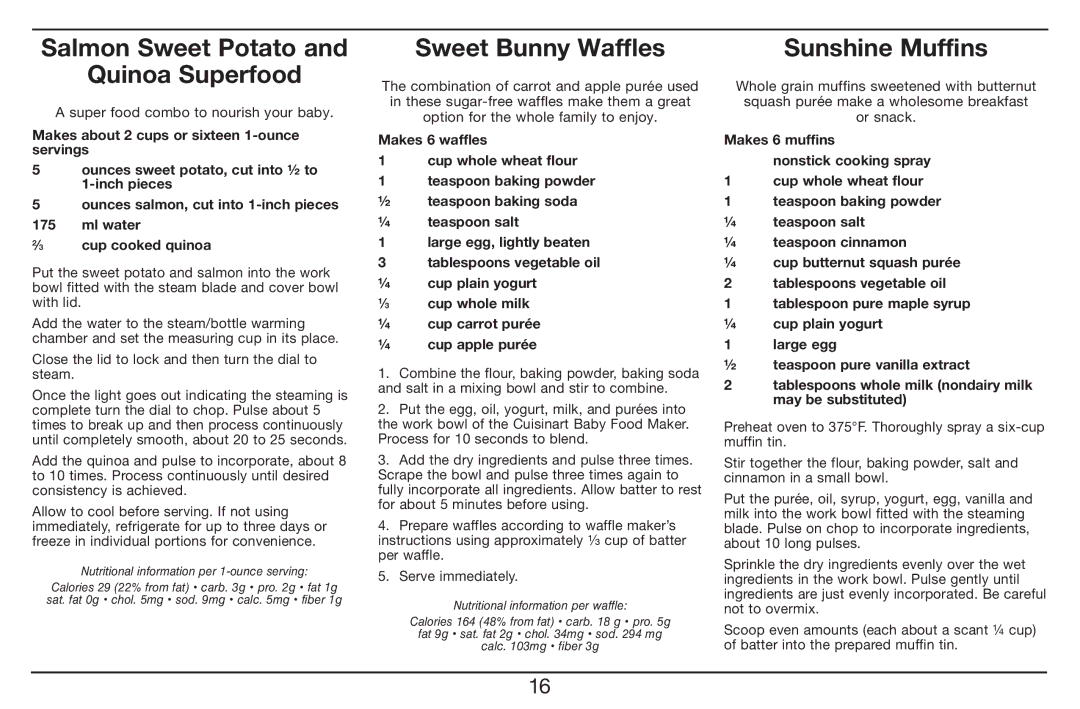 Cuisinart BFM-1000 manual Salmon Sweet Potato Quinoa Superfood, Sweet Bunny Waffles, Sunshine Muffins 