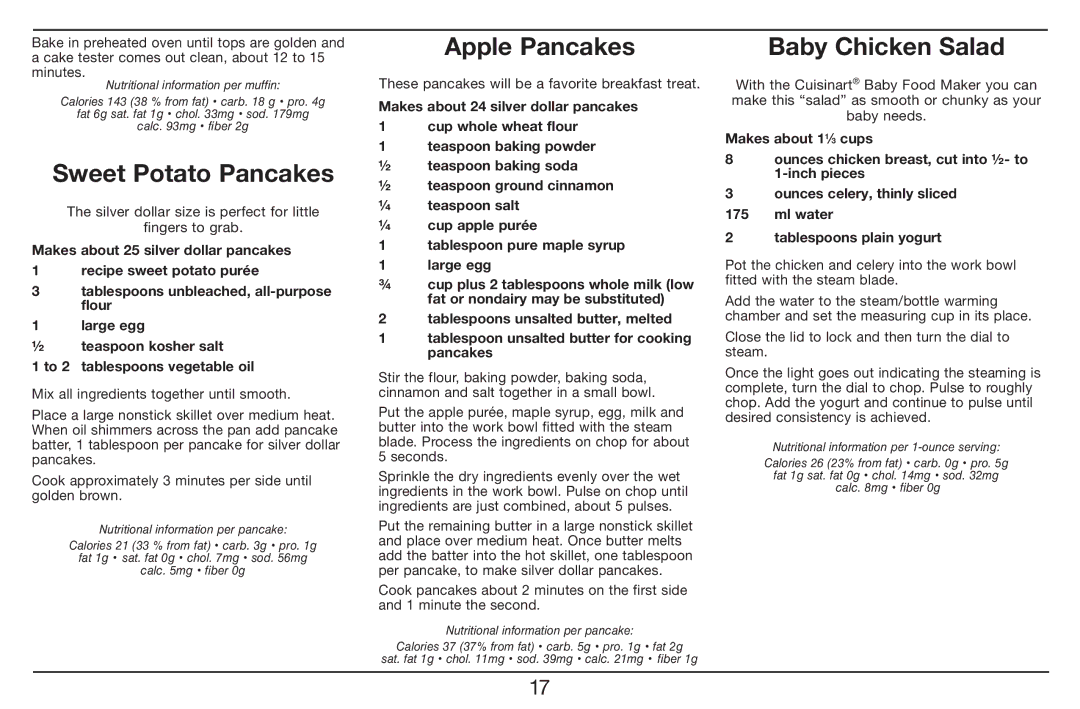 Cuisinart BFM-1000 manual Sweet Potato Pancakes, Apple Pancakes, Baby Chicken Salad 