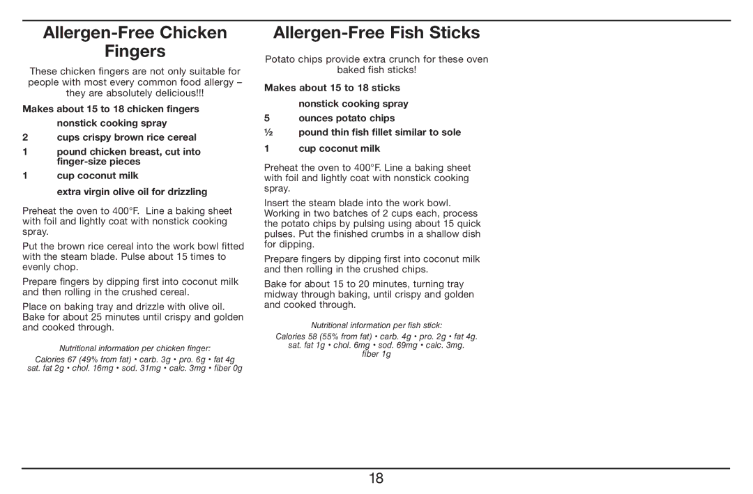 Cuisinart BFM-1000 manual Allergen-Free Chicken Fingers, Allergen-Free Fish Sticks 