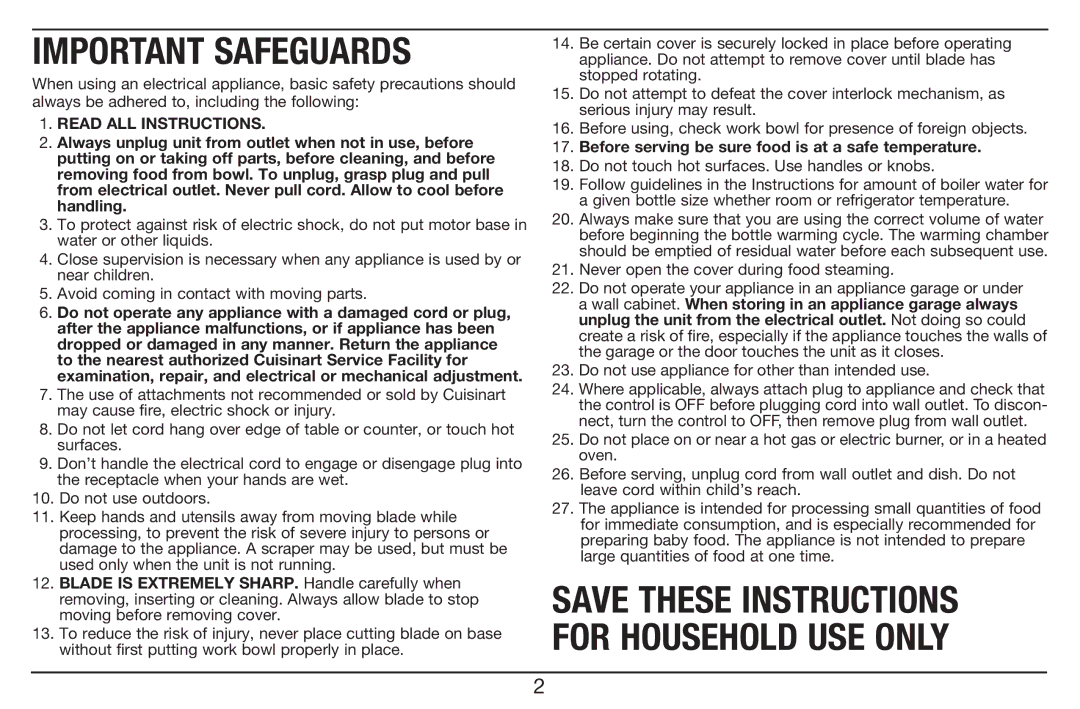 Cuisinart BFM-1000 manual Read ALL Instructions, Before serving be sure food is at a safe temperature 