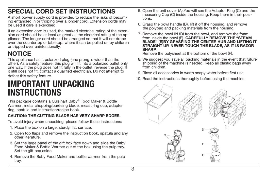 Cuisinart BFM-1000 manual Important Unpacking Instructions, Special Cord SET Instructions 