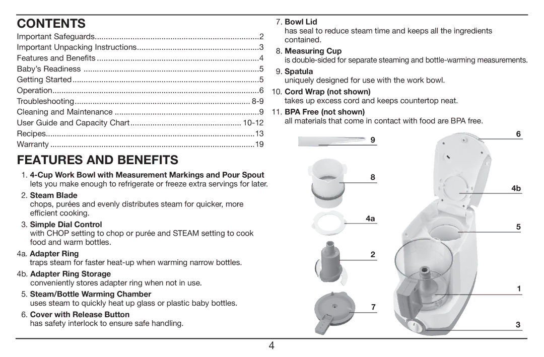 Cuisinart BFM-1000 manual Contents, Features and Benefits 