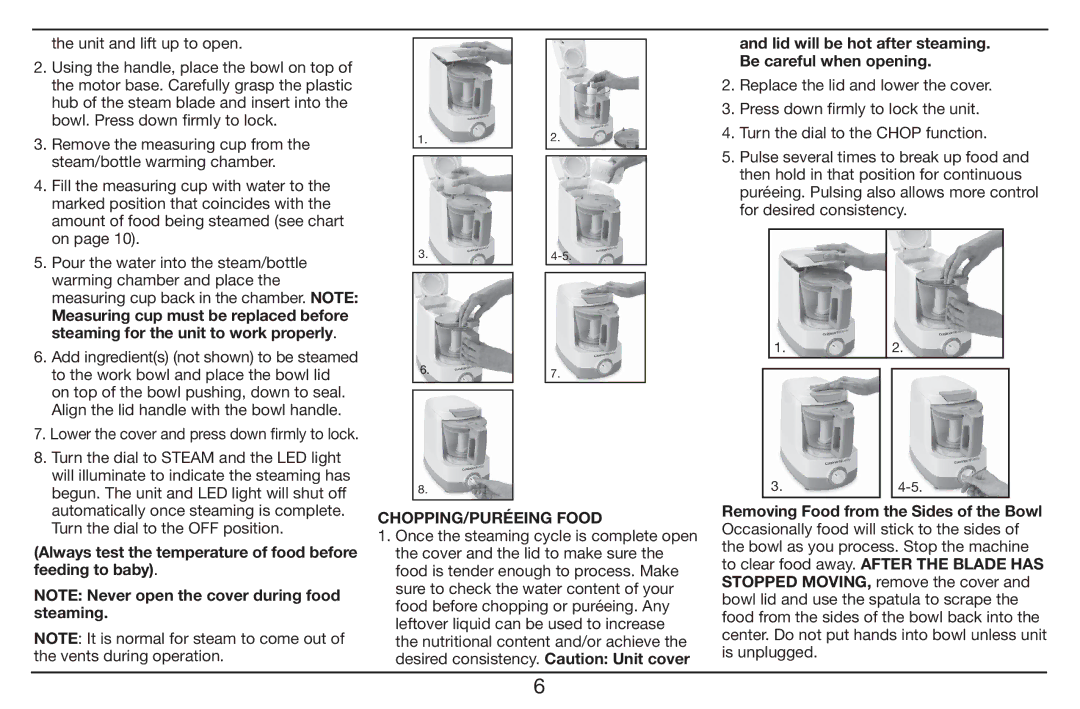 Cuisinart BFM-1000 manual Always test the temperature of food before feeding to baby, CHOPPING/PURÉEING Food 