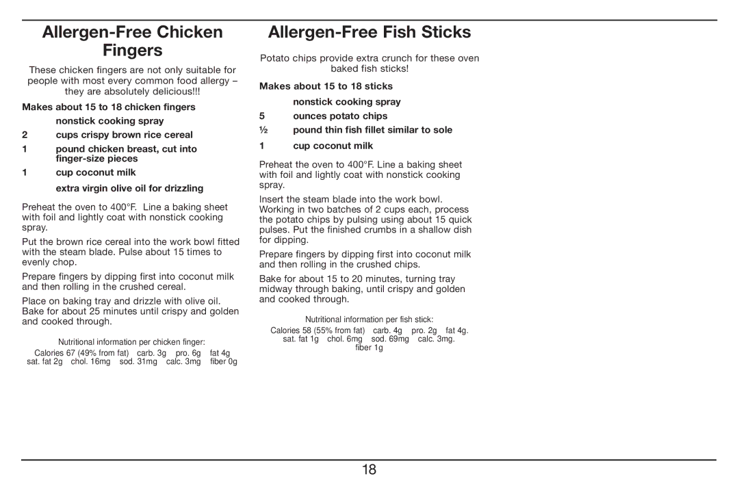 Cuisinart BFM-1000 manual Allergen-Free Chicken Fingers, Allergen-Free Fish Sticks 