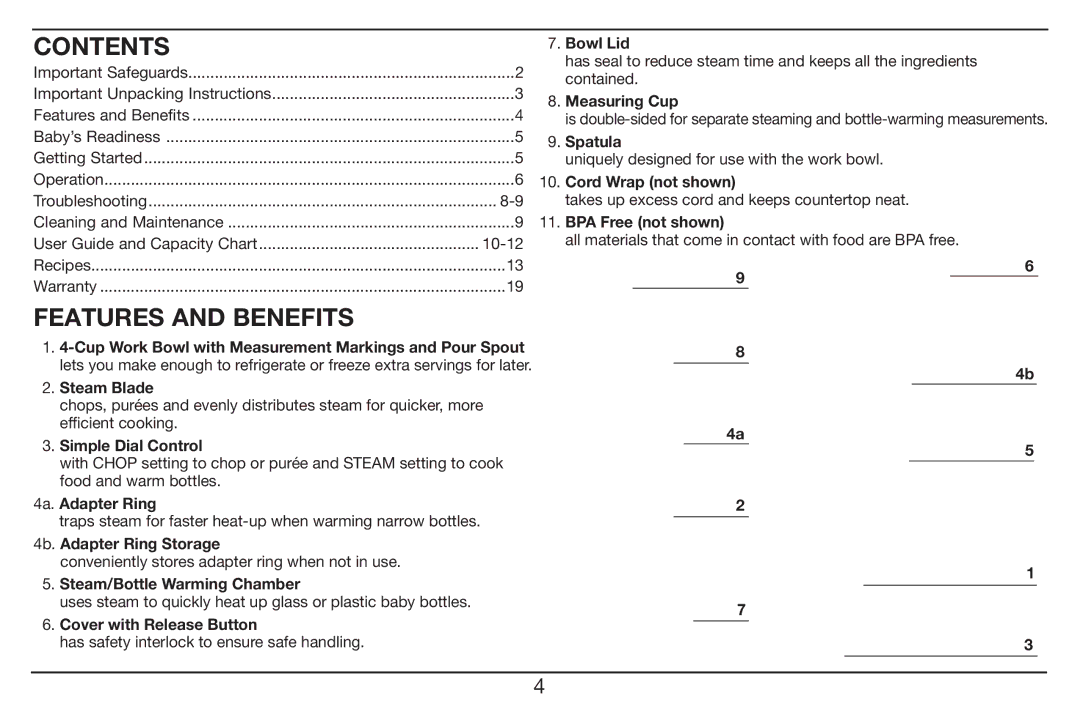 Cuisinart BFM-1000 manual Contents, Features and Benefits 