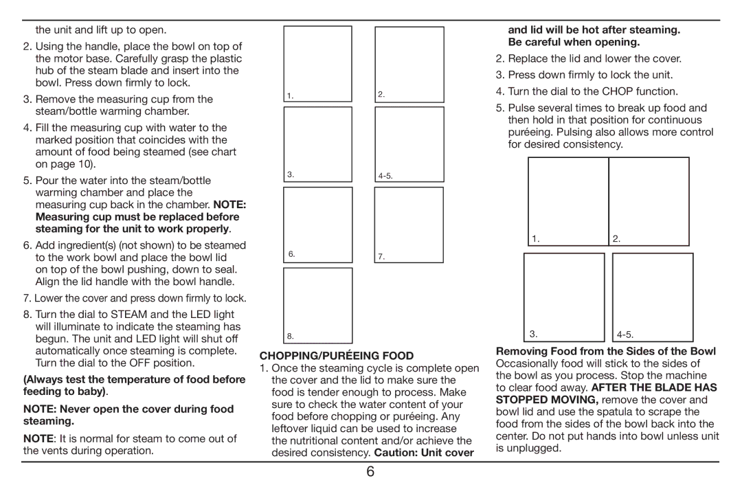 Cuisinart BFM-1000 manual Always test the temperature of food before feeding to baby, CHOPPING/PURÉEING Food 