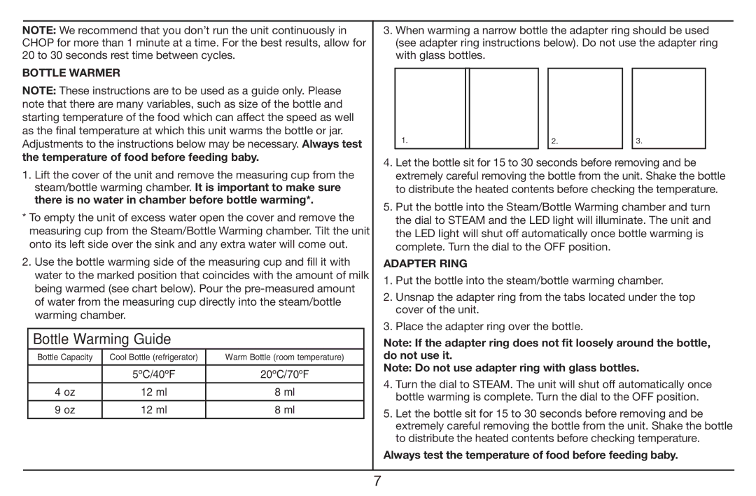 Cuisinart BFM-1000 manual Bottle Warmer, Temperature of food before feeding baby, Adapter Ring 