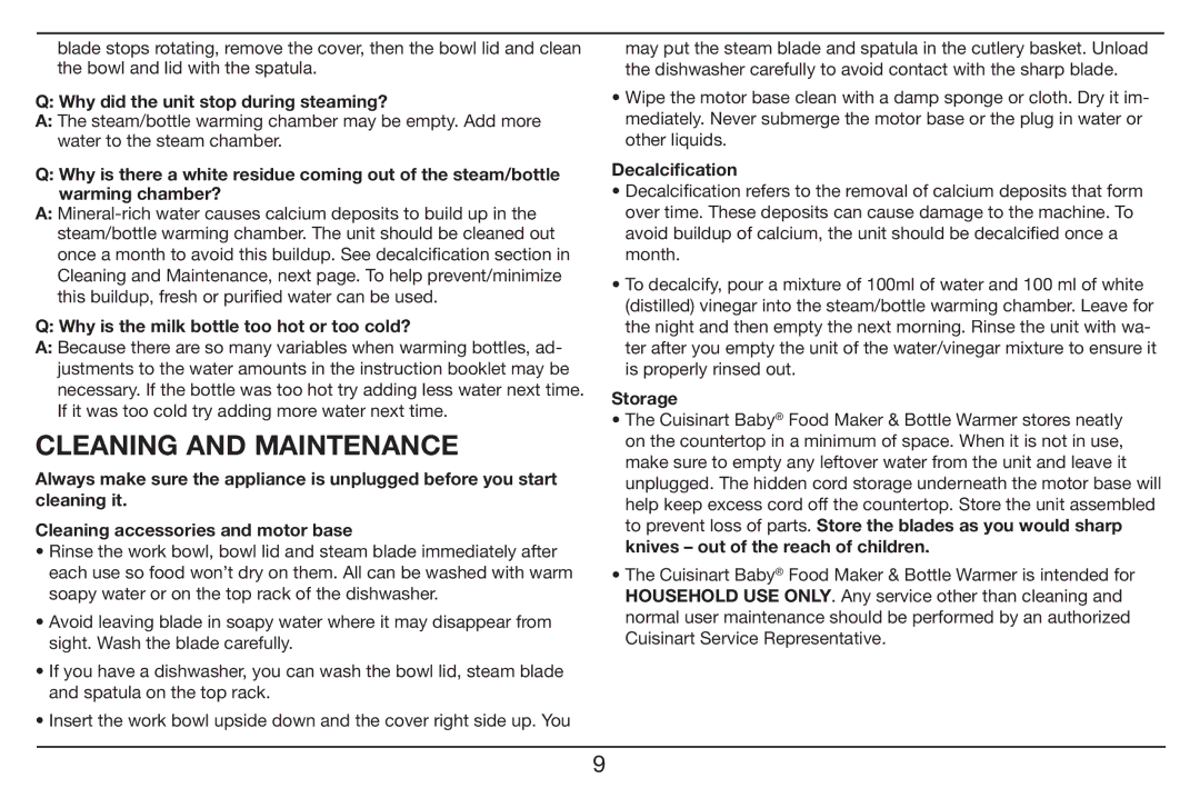 Cuisinart BFM-1000 manual Cleaning and Maintenance, Why did the unit stop during steaming?, Decalciﬁcation, Storage 